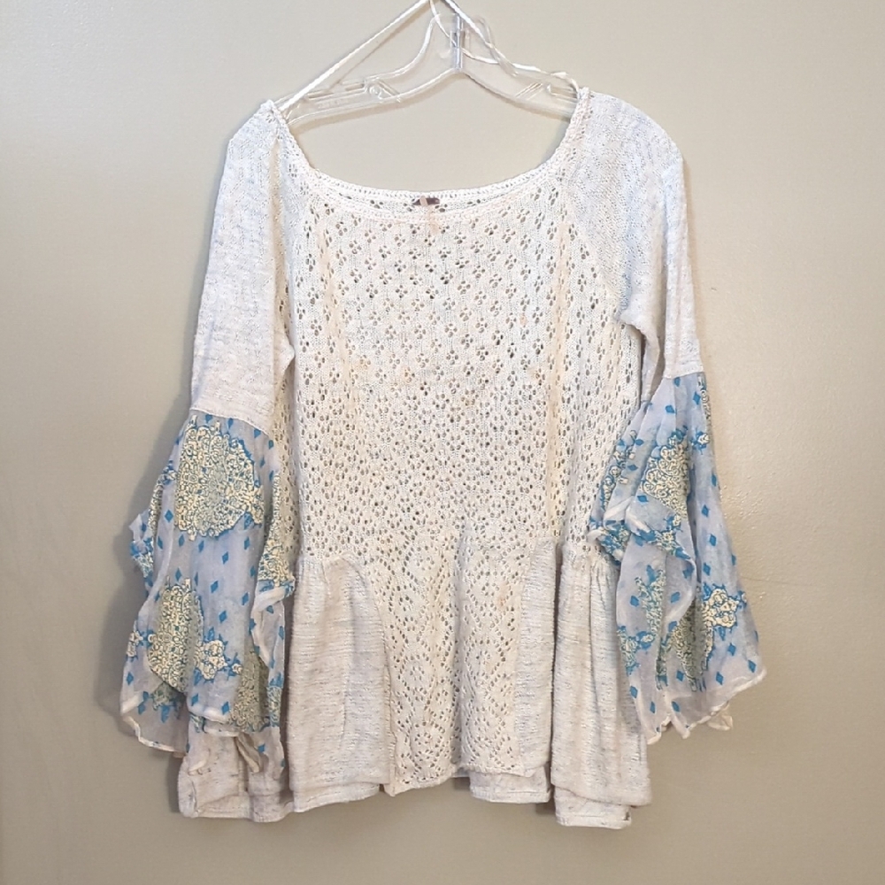 Free People White and Blue Lace Blouse
